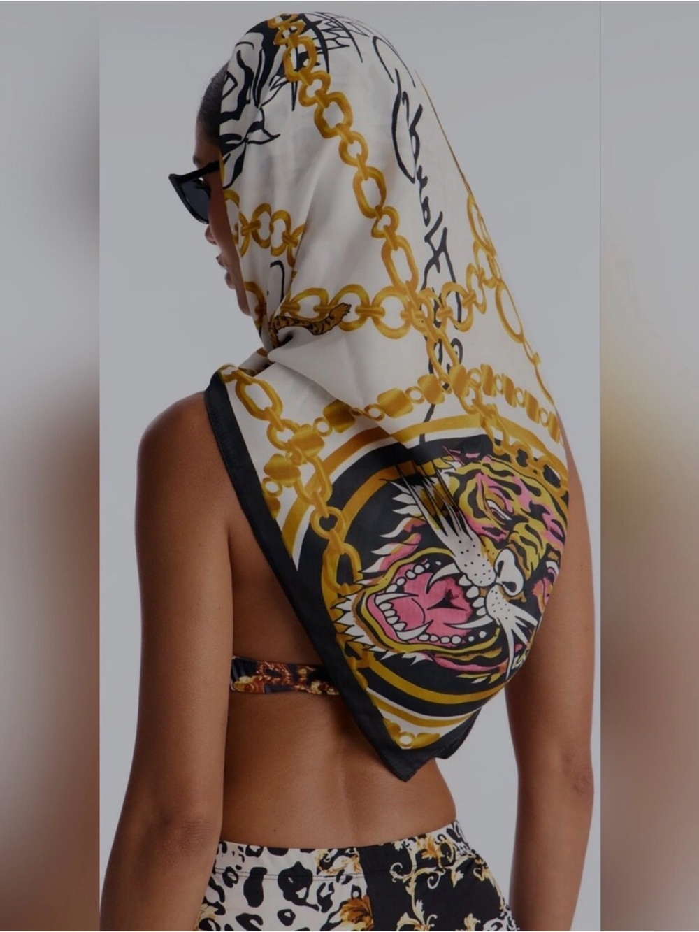 Ed Hardy White & Gold Chain Tiger Print Scarf